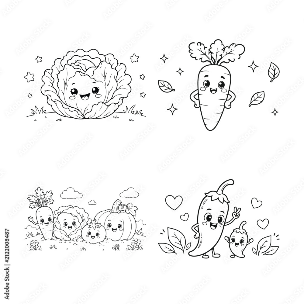 Fototapeta premium Cute Vegetable Coloring Pages for Kids – Cartoon Healthy Vegetables Black and White Line Art Collection