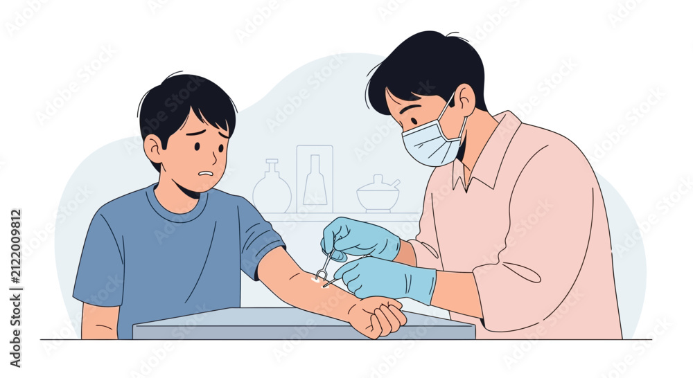 Fototapeta premium Child nervous about medical injection at clinic, doctor with mask administering vaccine