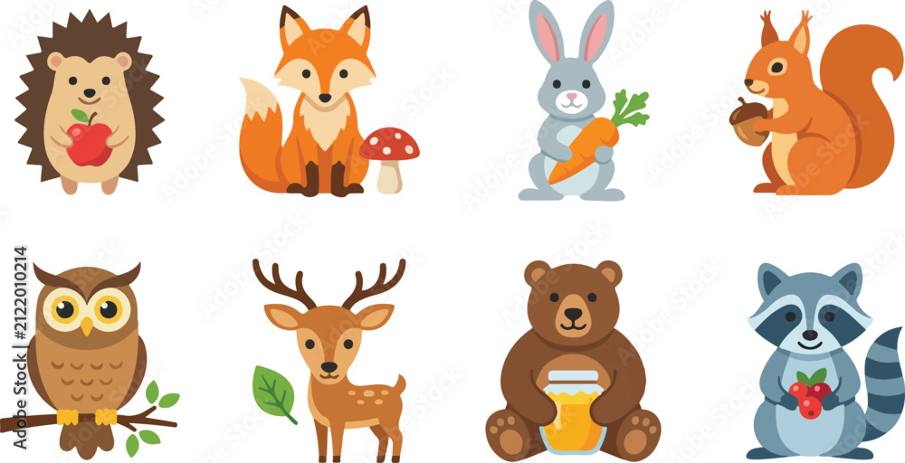 Obraz premium Cute woodland animal vector illustration set featuring forest creatures and nature elements in colorful cartoon flat style