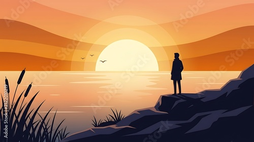 Silhouette of man watching sunset on coastal cliff. Person enjoying peaceful evening by the sea with golden horizon glow.
