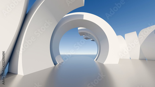Foto Modern 3D abstract render of interconnected white circular rings creating a futuristic sculptural passageway under a clear blue sky