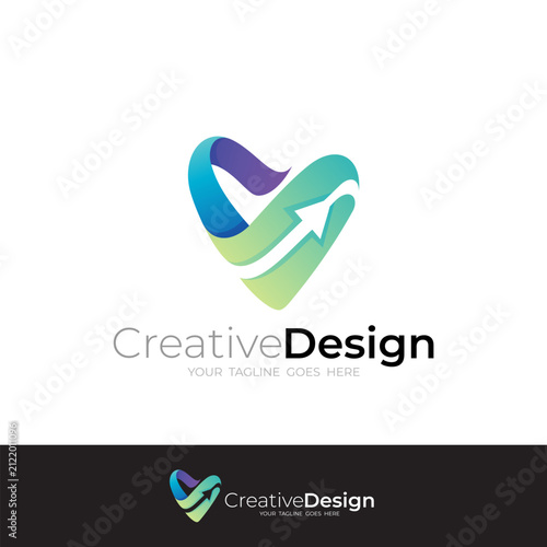 Love logo with arrow design community, charity logo template, blue color