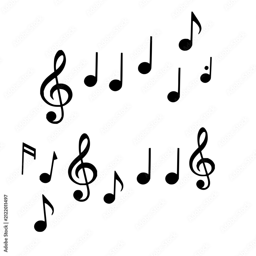 Fototapeta premium Musical notation set with two rows of black and white vector symbols against a plain white background featuring treble clefs, quarter notes, eighth notes with sharp lines and solid black fills