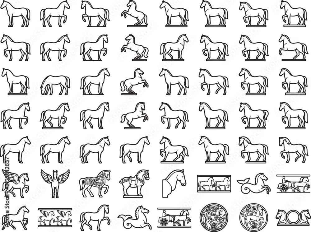 Obraz premium A collage of stylized horse illustrations in various poses and artistic interpretations, showcasing the creature's grace and power in diverse artistic styles.
