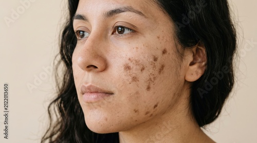 Side view of woman face with hyperpigmentation dark spots and acne scars