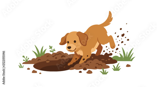 Playful Brown Puppy Digging in the Dirt Ground in the Backyard Garden with Flying Soil and Clumps of Earth