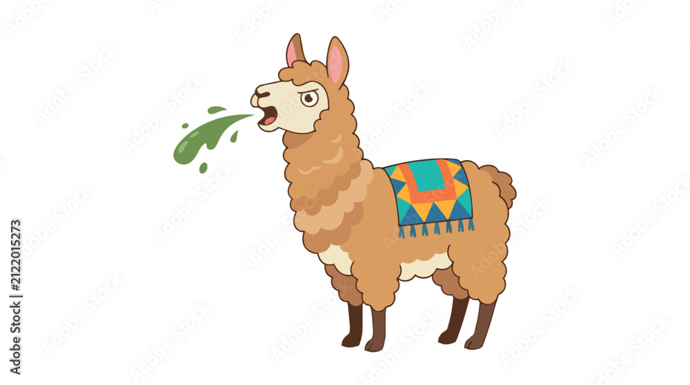 Naklejka premium Funny Cartoon Alpaca Spitting Green Goo and Wearing a Vibrant Tribal Blanket Isolated on White Background