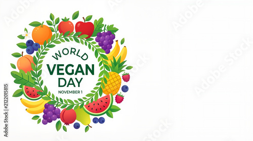 World Vegan Day text, colorful fruit and vegetable wreath with hand lettering celebrating plant based living, November 1 banner with copy space