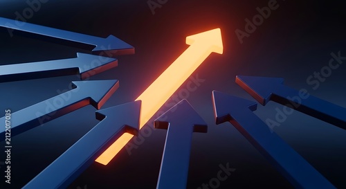 Glowing orange arrow stands out among dark blue upward arrows
