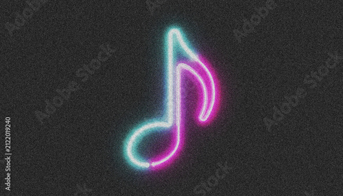 Obraz na plátně Music note symbol in neon light, teal and pink, on dark textured background