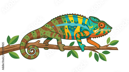 Colorful Chameleon Lizard Perched on a Tree Branch with Green Leaves and Vibrant Exotic Reptile Illustration
