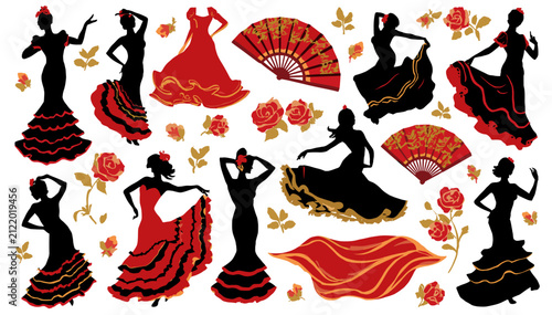 Collection of flamenco dancer silhouettes, traditional Spanish dresses, fans, and red roses on a white background, depicting vibrant Spanish culture and dance.