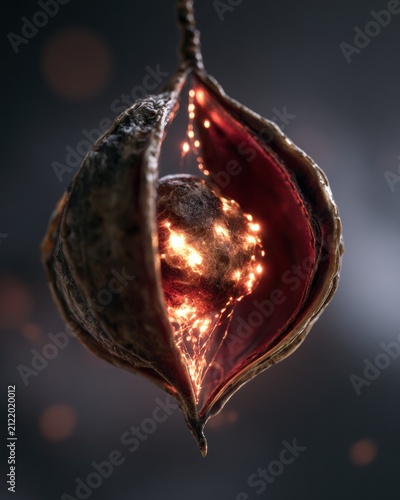 Seed dormancy is seen as a glowing core inside a shell, illustrating biological processes under a dark and elegant atmosphere.