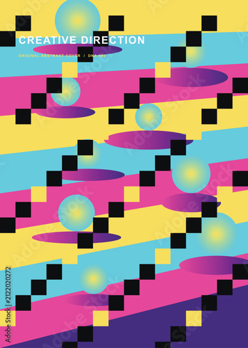 Abstract Memphis Style Graphic Pattern with Spheres and Pixel Lines