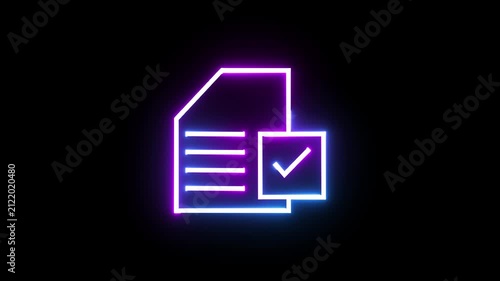 Neon glowing document check mark icon animation flickering on dark background motion video.