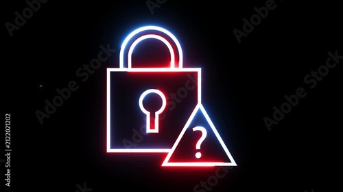 Neon padlock icon with warning question mark symbol pulsing in red and blue light effect.