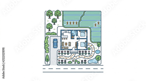 Modern residential house blueprint with garden and pool.