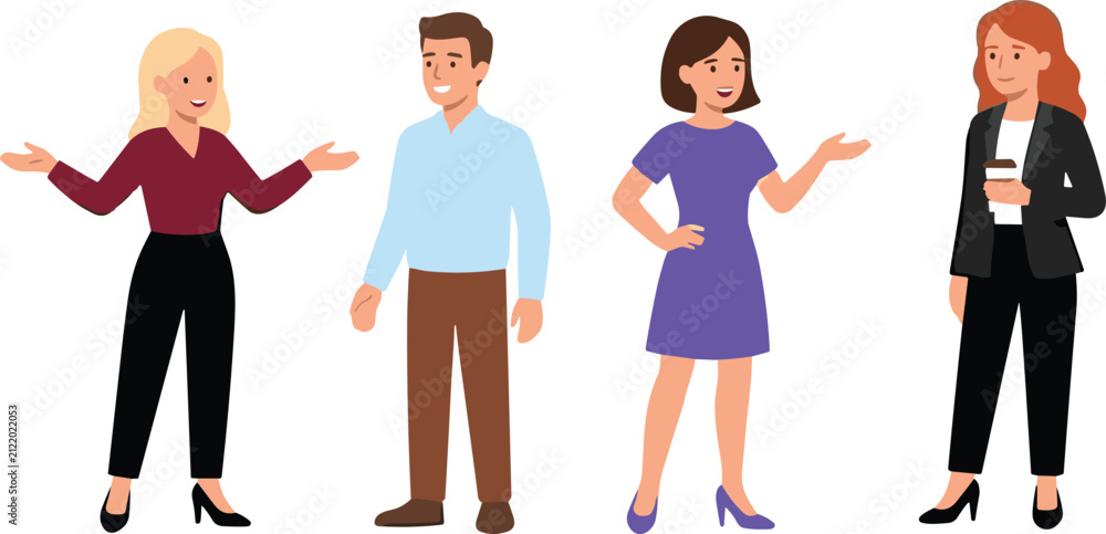 Fototapeta premium Professional icons, group characters, workplace diversity, teamwork collaboration, student success, modern design, productivity tools, creative ideas, leadership skills, motivation growth