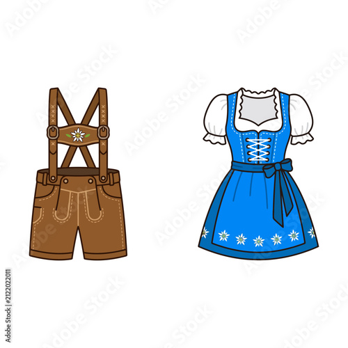 Fotografie Traditional bavarian lederhosen and blue dirndl dress for oktoberfest celebratio