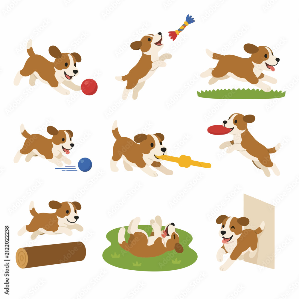 Fototapeta premium Vector set of nine beagle puppy illustrations showing active behaviors like running, catching a frisbee, chewing a rope toy, jumping over obstacles, and rolling in grass on white background.