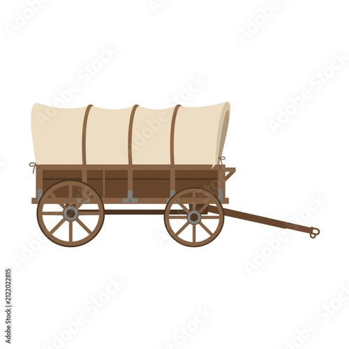 Quadro su tela Old brown wooden pioneer covered wagon with a canvas top for travel in the ameri