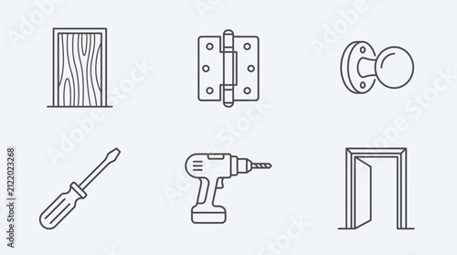 Cuadro en lienzo Door installation hardware icons display a wooden door, hinges, a round knob, a screwdriver, a cordless power drill, and a partially open door frame for home construction