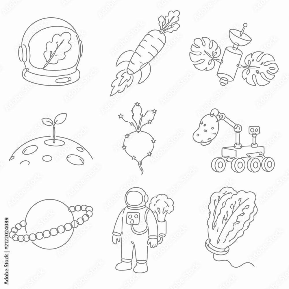 Obraz premium Minimalist line art icons merging space exploration with agriculture featuring carrot rocket, potato rover, astronaut with broccoli, and cosmic vegetables on a white background.