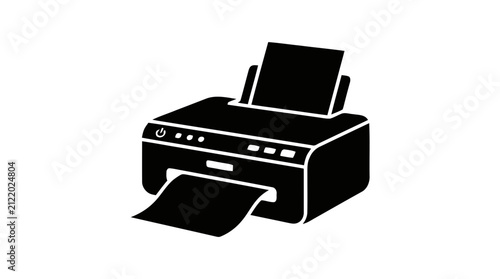 Vector illustration of black printer icon with paper on a transparent background