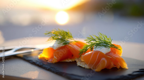 Elegant smoked salmon appetizers with creamy topping and fresh dill, served on a dark slate plate against a soft sunset background