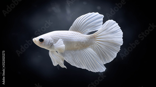 A beautiful white Betta fish, also known as a Siamese fighting fish, gracefully swims in dark water with flowing fins