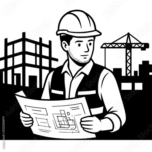 Black and white vector illustration of a male civil engineer wearing a hard hat while reviewing construction blueprints at a building site