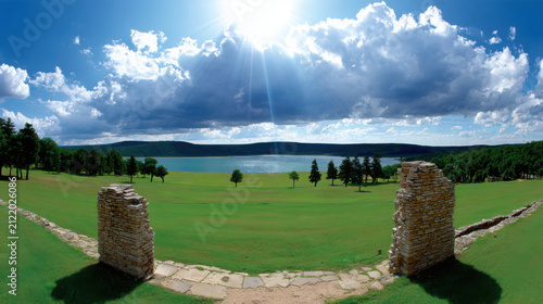 A wide panoramic view of a serene landscape featuring a large body of water, a lush green field, and ancient stone ruins, under a bright, sunlit sky with dramatic clouds