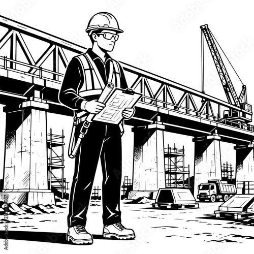 Black and white vector illustration of a male civil engineer inspecting a bridge construction project with safety equipment