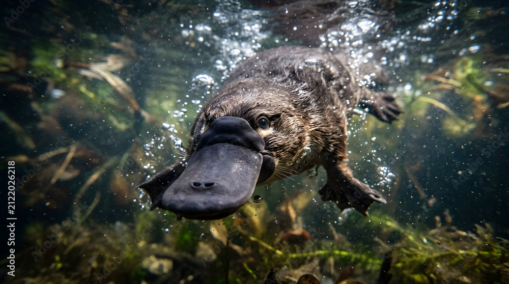 Fototapeta premium duck-billed platypus swimming underwater closeup