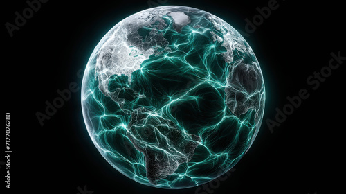 The earth seen from space with a glowing network of turquoise energy lines connecting continents, symbolizing global connectivity and technology