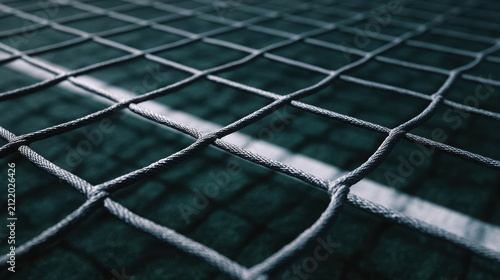 Close-up of a sports net with a white line on a dark court in the background, suggesting a game or competition