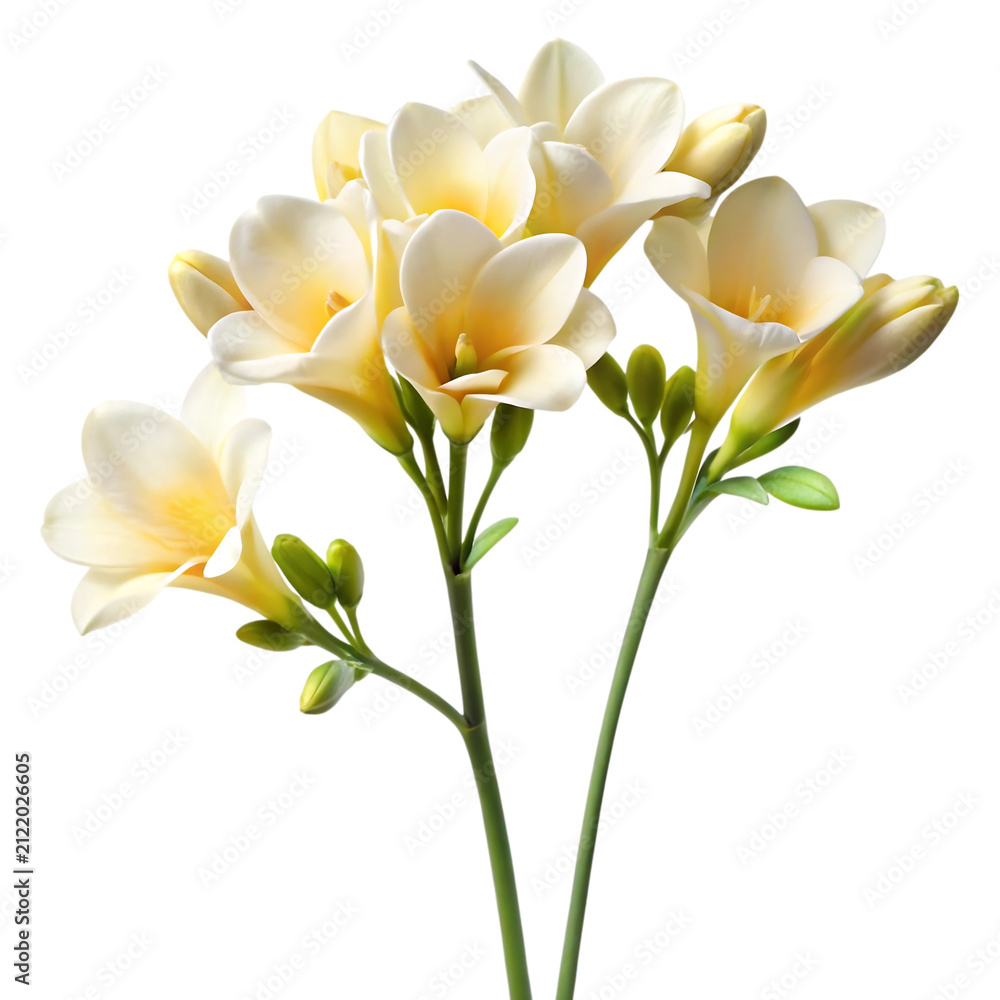 Obraz premium Beautiful delicate cream colored freesia flower stems isolated on transparent background