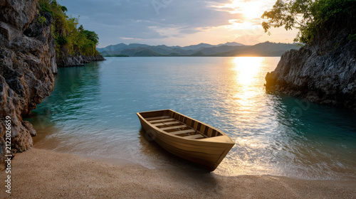 A serene and empty wooden boat rests on a sandy shore, nestled between two rocky cliffs. The calm turquoise water reflects the warm golden hues of the sunset.
