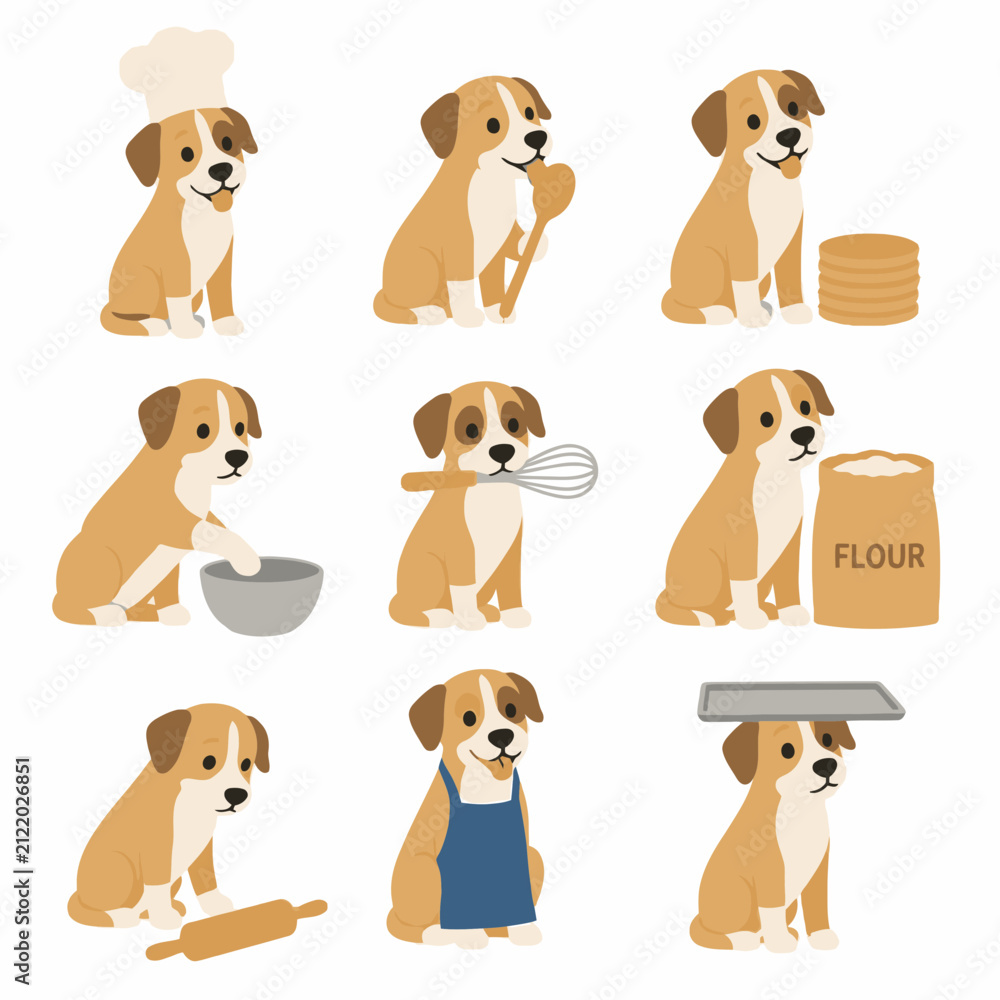 Obraz premium Set of cute cartoon brown and white puppy illustrations in various baking and cooking poses, including wearing a chef hat, using a whisk, rolling pin, flour bag, and mixing bowl on white.
