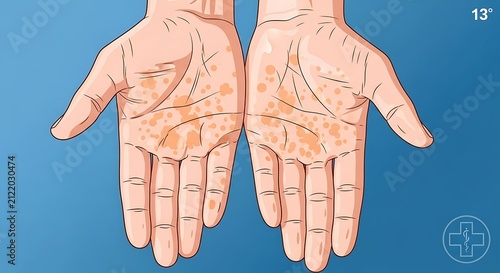 Illustration of a patient showing symptoms of palmoplantar rash on both hands