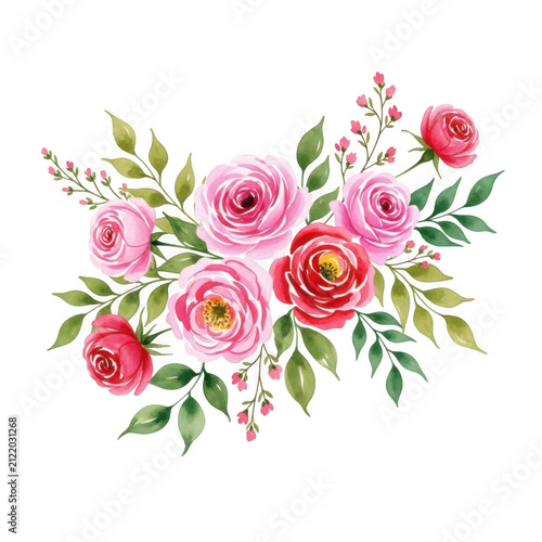 Watercolor roses bouquet with green leaves isolated on white background isolated on transparent background