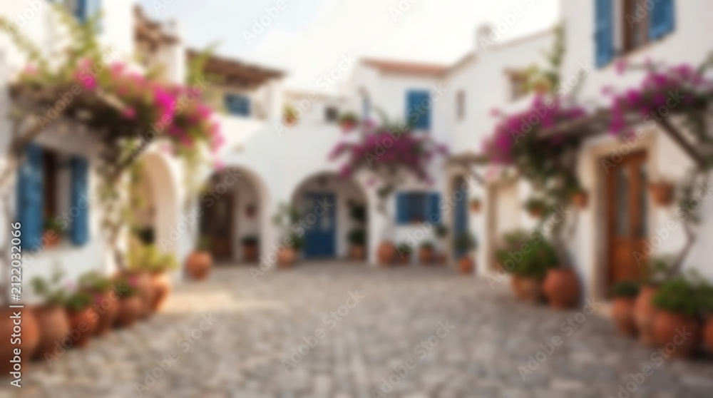 Fototapeta premium A picturesque Mediterranean courtyard with white buildings, blue shutters, terracotta pots, and vibrant bougainvillea flowers under a sunny sky.