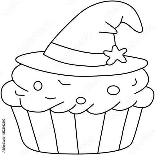 фотографія Cute Witch Hat Cupcake Halloween Sweet Dessert Kawaii Line Art Coloring Page