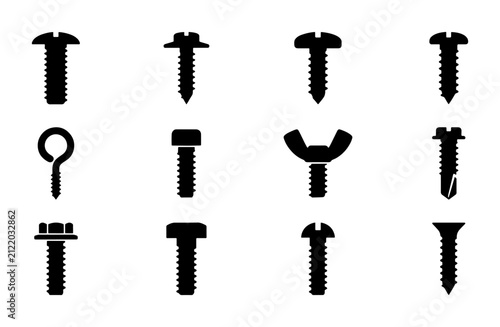 Set of 12 Black Silhouette Fasteners, Screws, Bolts, and Nuts, Industrial Hardware Icons for DIY, Construction, and Engineering Projects