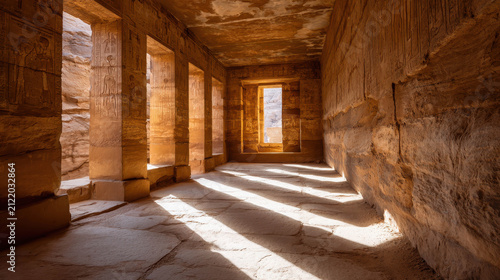 Sunlight streams through the windows of an ancient stone corridor, casting dramatic shadows across the floor