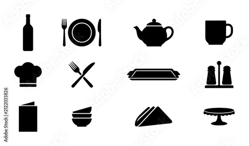 Restaurant Icons Set, Food Service Symbols, Culinary Graphics, Dining & Cafe Elements, Black & White Vector Collection