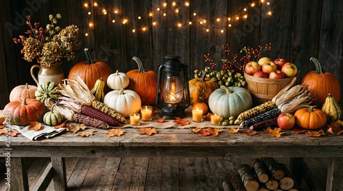 A rustic wooden table decorated with pumpkins autumn harvest fruits and glowing fairy lights for a beautiful festive thanks giving day home celebration