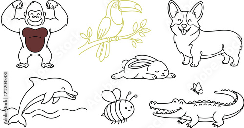 Photography Cute Cartoon Animals Set with Gorilla Corgi Toucan and Crocodile Vector Line Ico