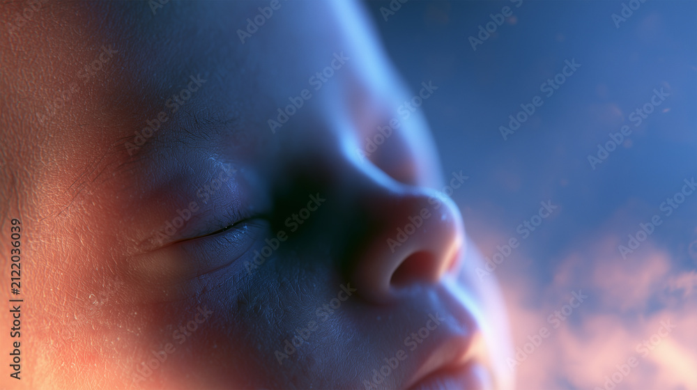 Obraz premium Fetal facial features change over weeks with bright light effects and mist