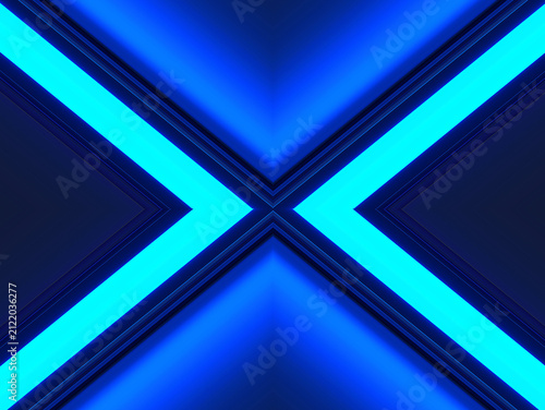 Картината върху платно Intersecting cyan lines create a symmetrical abstract background with a dark blu
